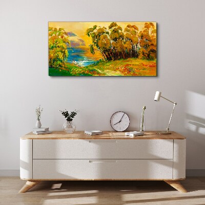 Foto auf leinwand Goldene Bäume über blauem Meer