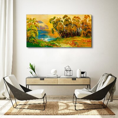 Foto auf leinwand Goldene Bäume über blauem Meer