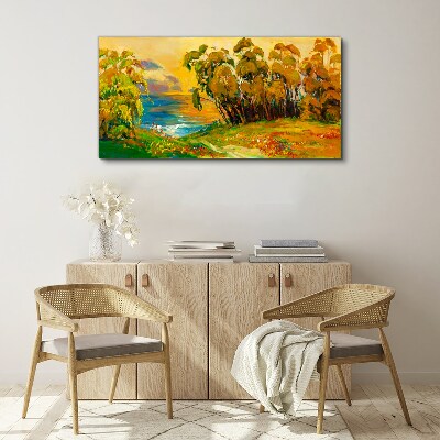 Foto auf leinwand Goldene Bäume über blauem Meer