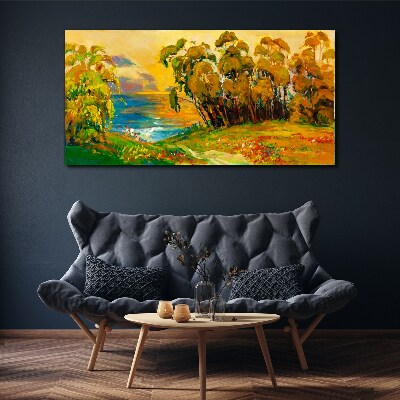 Foto auf leinwand Goldene Bäume über blauem Meer