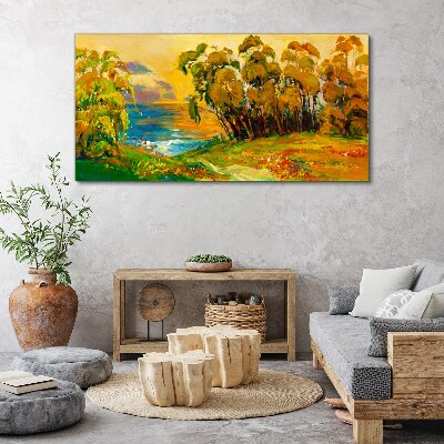 Foto auf leinwand Goldene Bäume über blauem Meer
