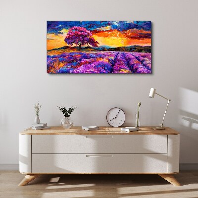 Wandbild Lila Lavendelfelder bei Sonnenuntergang