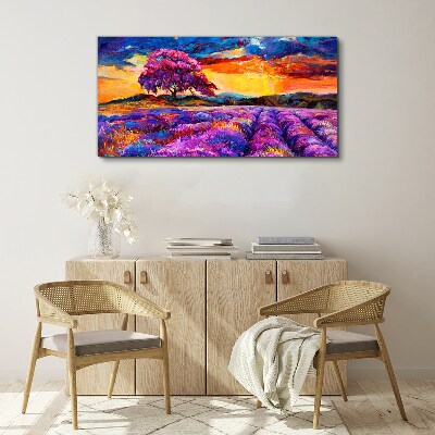 Wandbild Lila Lavendelfelder bei Sonnenuntergang