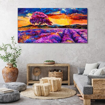 Wandbild Lila Lavendelfelder bei Sonnenuntergang