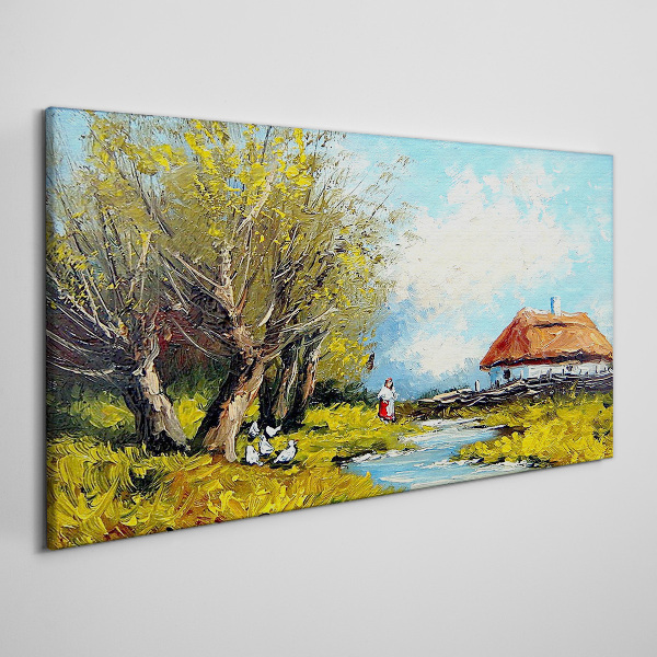 Foto leinwand Ländliche Landschaft mit einem Häuschen und Bäumen