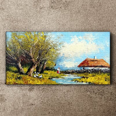 Foto leinwand Ländliche Landschaft mit einem Häuschen und Bäumen