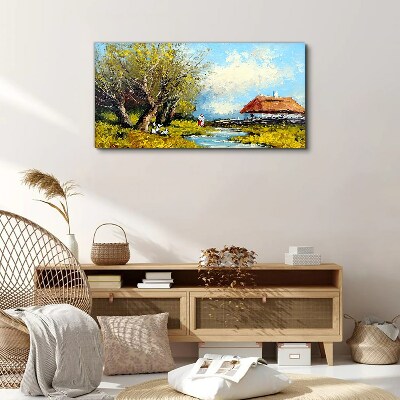 Foto leinwand Ländliche Landschaft mit einem Häuschen und Bäumen