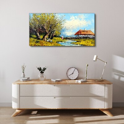Foto leinwand Ländliche Landschaft mit einem Häuschen und Bäumen