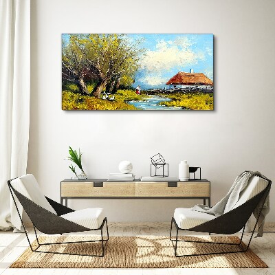 Foto leinwand Ländliche Landschaft mit einem Häuschen und Bäumen