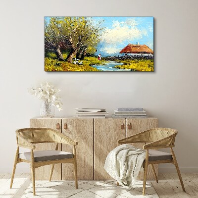 Foto leinwand Ländliche Landschaft mit einem Häuschen und Bäumen