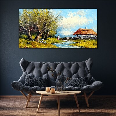 Foto leinwand Ländliche Landschaft mit einem Häuschen und Bäumen