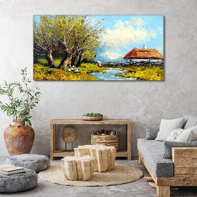 Foto leinwand Ländliche Landschaft mit einem Häuschen und Bäumen