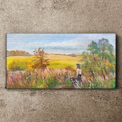 Foto auf leinwand Sommerlandschaft mit einer Figur und einem Hund