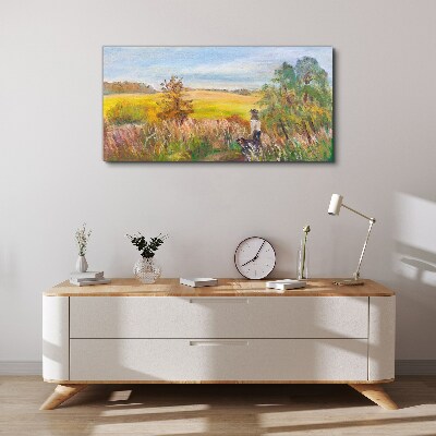 Foto auf leinwand Sommerlandschaft mit einer Figur und einem Hund