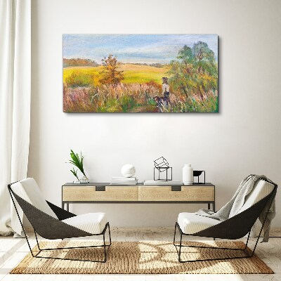 Foto auf leinwand Sommerlandschaft mit einer Figur und einem Hund