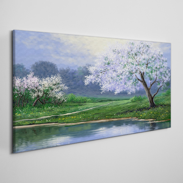 Foto auf leinwand Frühlingslandschaft mit blühenden Bäumen