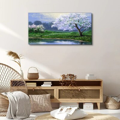 Foto auf leinwand Frühlingslandschaft mit blühenden Bäumen