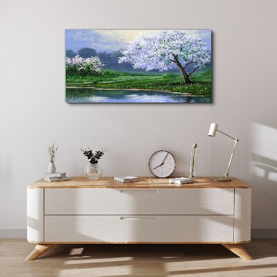 Foto auf leinwand Frühlingslandschaft mit blühenden Bäumen