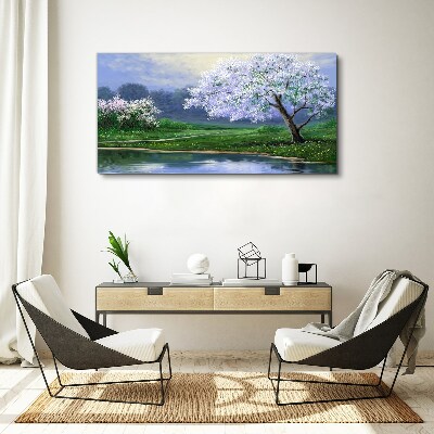 Foto auf leinwand Frühlingslandschaft mit blühenden Bäumen