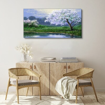 Foto auf leinwand Frühlingslandschaft mit blühenden Bäumen