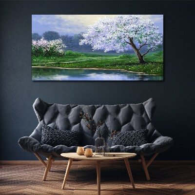 Foto auf leinwand Frühlingslandschaft mit blühenden Bäumen