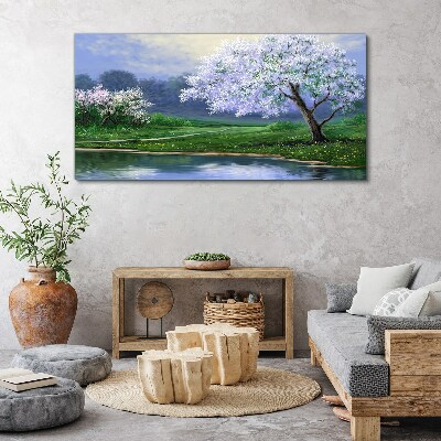 Foto auf leinwand Frühlingslandschaft mit blühenden Bäumen