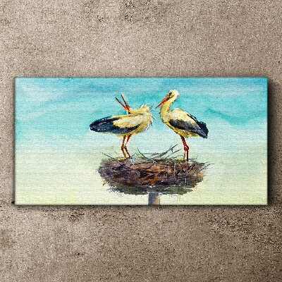 Foto auf leinwand Störche auf einem Nest im Blau