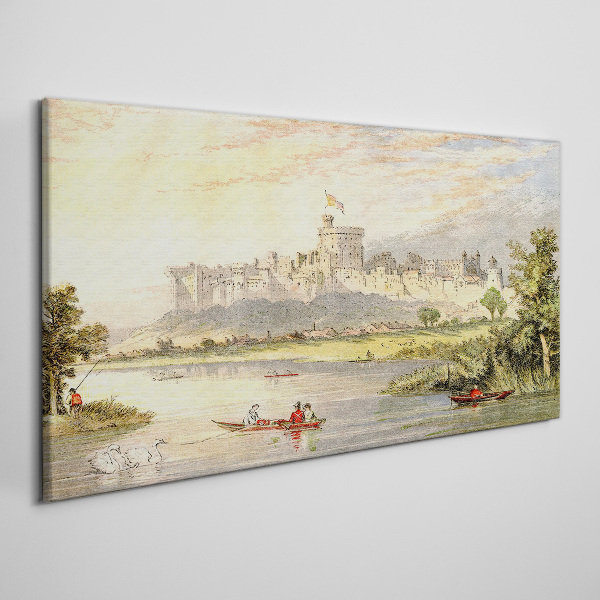 Foto leinwand Ein Schloss am Fluss in Pastellfarben