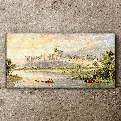 Foto leinwand Ein Schloss am Fluss in Pastellfarben