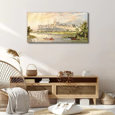Foto leinwand Ein Schloss am Fluss in Pastellfarben