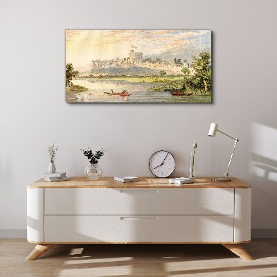 Foto leinwand Ein Schloss am Fluss in Pastellfarben