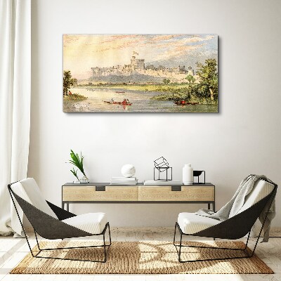 Foto leinwand Ein Schloss am Fluss in Pastellfarben