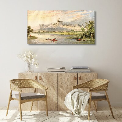 Foto leinwand Ein Schloss am Fluss in Pastellfarben