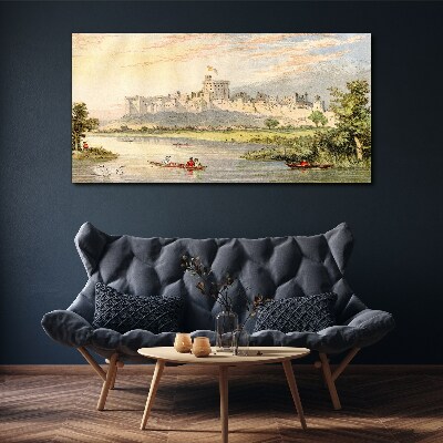Foto leinwand Ein Schloss am Fluss in Pastellfarben
