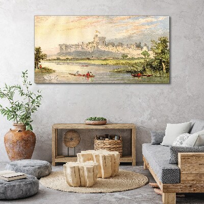 Foto leinwand Ein Schloss am Fluss in Pastellfarben
