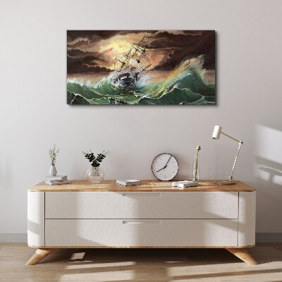 Foto auf leinwand Stürmischer Ozean mit einem Schiffswrack