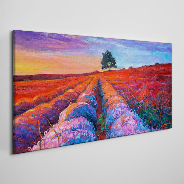 Foto auf leinwand Landschaft mit Lavendelfeldern bei Sonnenuntergang