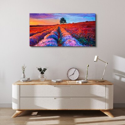 Foto auf leinwand Landschaft mit Lavendelfeldern bei Sonnenuntergang