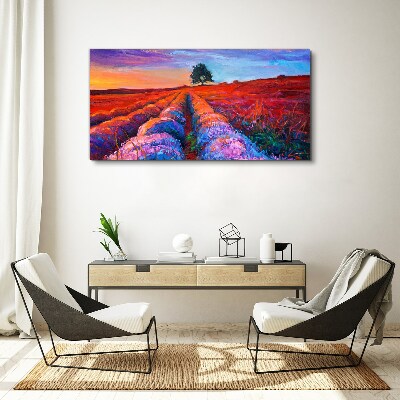 Foto auf leinwand Landschaft mit Lavendelfeldern bei Sonnenuntergang
