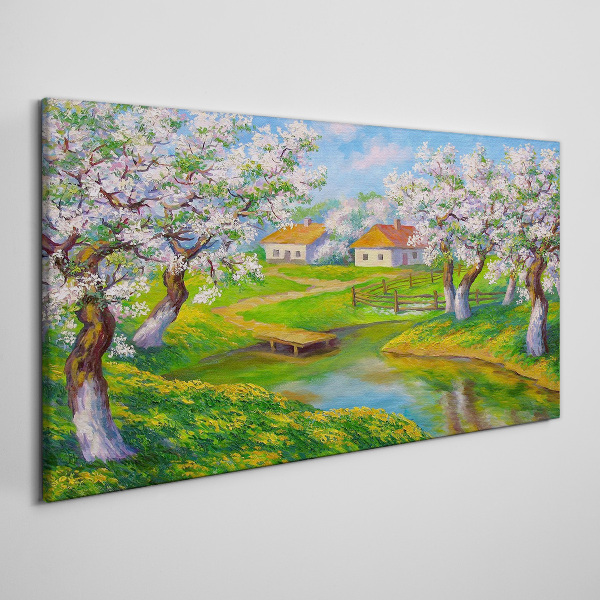 Foto auf leinwand Frühlingslandschaft mit blühenden Bäumen
