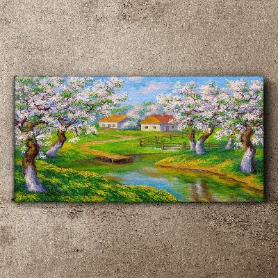Foto auf leinwand Frühlingslandschaft mit blühenden Bäumen