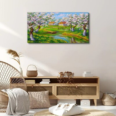 Foto auf leinwand Frühlingslandschaft mit blühenden Bäumen