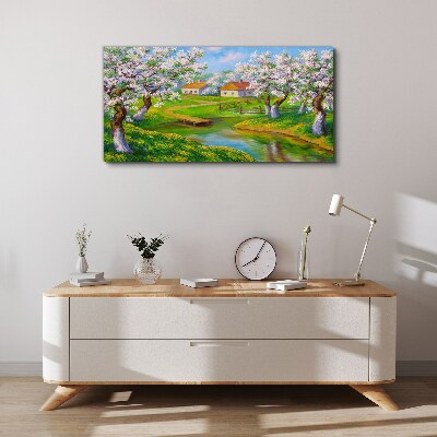 Foto auf leinwand Frühlingslandschaft mit blühenden Bäumen