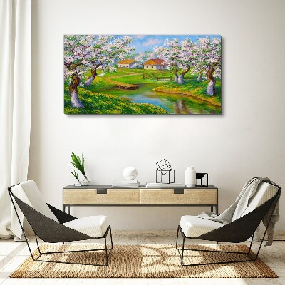 Foto auf leinwand Frühlingslandschaft mit blühenden Bäumen