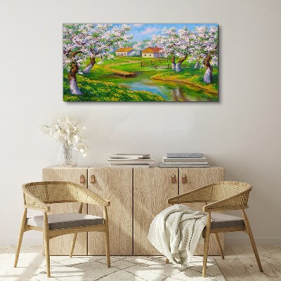 Foto auf leinwand Frühlingslandschaft mit blühenden Bäumen