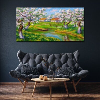 Foto auf leinwand Frühlingslandschaft mit blühenden Bäumen