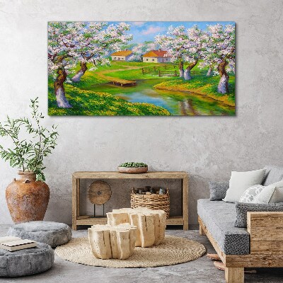 Foto auf leinwand Frühlingslandschaft mit blühenden Bäumen