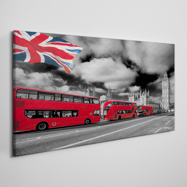 Wandbild Rote Londoner Busse mit britischer Flagge