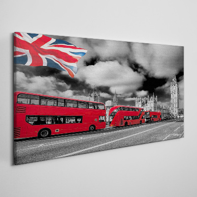 Wandbild Rote Londoner Busse mit britischer Flagge