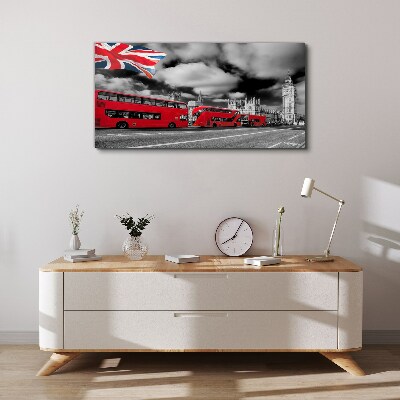 Wandbild Rote Londoner Busse mit britischer Flagge